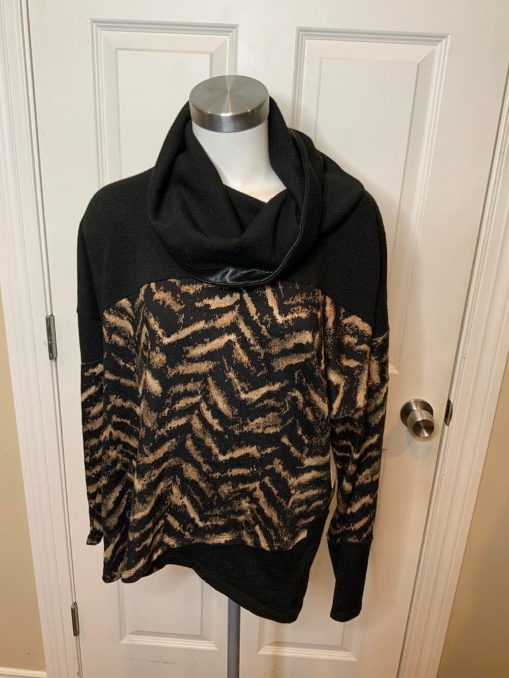 Joseph Ribkoff Black Tan Tiger Stripe Cowl Neck Sweater, Size 10